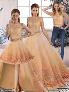  Peach Quinceanera Dresses Scalloped Sleeveless Sweep Train Backless