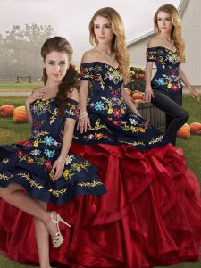  Red And Black Sleeveless Embroidery and Ruffles Floor Length Quince Ball Gowns