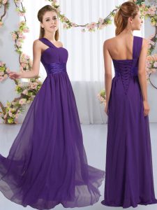 Perfect Sleeveless Lace Up Floor Length Ruching Dama Dress for Quinceanera