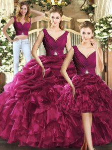 Pretty Ball Gowns Sweet 16 Dresses Burgundy V-neck Organza Sleeveless Floor Length Backless