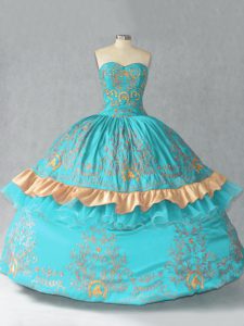 Sexy Sleeveless Satin and Organza Floor Length Lace Up Vestidos de Quinceanera in Aqua Blue with Embroidery and Bowknot