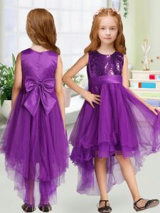  Purple Organza Zipper Flower Girl Dresses for Less Sleeveless High Low Sequins and Bowknot