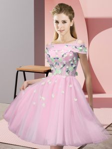  Baby Pink Empire Off The Shoulder Short Sleeves Tulle Knee Length Lace Up Appliques Dama Dress for Quinceanera