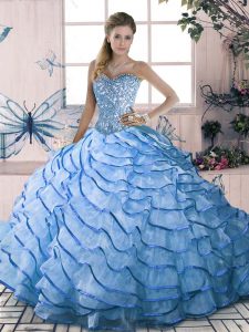  Blue Sweetheart Lace Up Beading and Ruffles Quinceanera Dress Brush Train Sleeveless