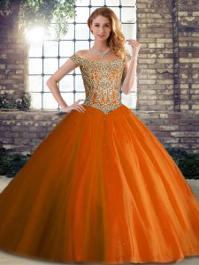 Dazzling Orange Red Tulle Lace Up Off The Shoulder Sleeveless Quinceanera Dress Brush Train Beading