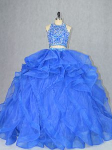 Gorgeous Blue Sweet 16 Dress Halter Top Sleeveless Court Train Backless