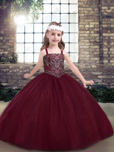 New Style Burgundy Lace Up Child Pageant Dress Beading Sleeveless Floor Length