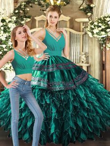 Super Sleeveless Floor Length Appliques and Ruffles Backless Ball Gown Prom Dress with Turquoise
