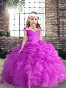  Beading and Ruffles and Pick Ups Kids Formal Wear Fuchsia Lace Up Sleeveless Floor Length