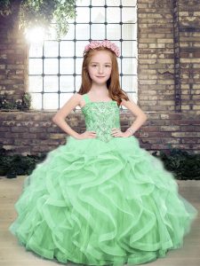 Great Apple Green Organza and Tulle Lace Up Little Girls Pageant Gowns Sleeveless Floor Length Beading and Ruffles