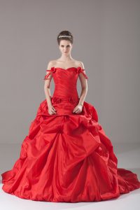  Off The Shoulder Sleeveless Quince Ball Gowns Brush Train Ruching and Pick Ups and Hand Made Flower Red Taffeta