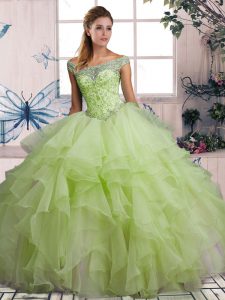 Smart Yellow Green Ball Gowns Organza Off The Shoulder Sleeveless Beading and Ruffles Floor Length Lace Up Quinceanera Gown