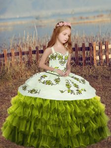 Fantastic Floor Length Lace Up Little Girls Pageant Dress Wholesale Green for Party and Wedding Party with Embroidery and Ruffled Layers
