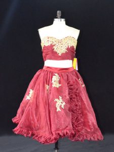  Sleeveless Organza Mini Length Zipper Prom Gown in Wine Red with Appliques and Ruffles