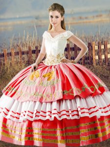 Best Satin Sleeveless Floor Length 15 Quinceanera Dress and Embroidery and Ruffled Layers