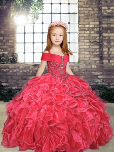  Red Ball Gowns Organza Straps Sleeveless Beading and Ruffles Floor Length Lace Up Little Girl Pageant Gowns