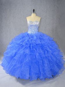 On Sale Sleeveless Floor Length Beading and Ruffles Lace Up Quinceanera Gowns with Blue
