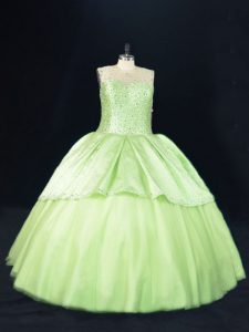 Scoop Sleeveless Lace Up Quinceanera Gowns Yellow Green Tulle