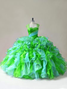  Multi-color Organza Zipper Straps Sleeveless Floor Length Quince Ball Gowns Beading and Ruffles