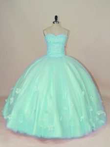  Apple Green Ball Gowns Hand Made Flower Quinceanera Gown Lace Up Tulle Sleeveless Floor Length