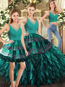 Fancy Ball Gowns Quinceanera Gown Turquoise V-neck Organza Sleeveless Floor Length Backless