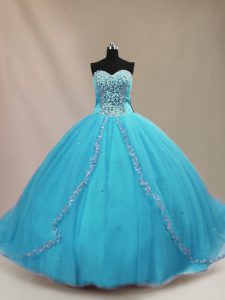 Designer Aqua Blue Sweet 16 Dress Sweetheart Sleeveless Court Train Lace Up