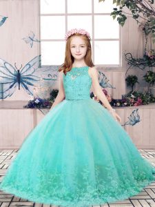 Fashionable Floor Length Aqua Blue Kids Pageant Dress Scoop Sleeveless Backless