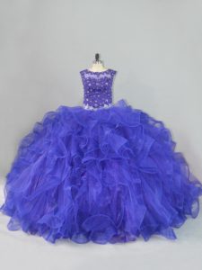 Glamorous Blue Scoop Lace Up Beading and Ruffles 15th Birthday Dress Sleeveless