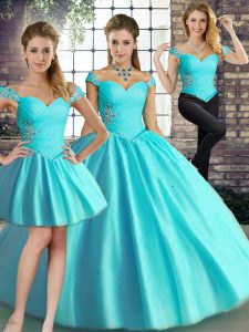  Floor Length Lace Up Sweet 16 Quinceanera Dress Aqua Blue for Military Ball and Sweet 16 and Quinceanera with Beading