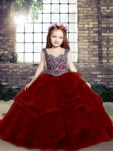 Nice Red Sleeveless Beading and Ruffles Floor Length Little Girls Pageant Gowns