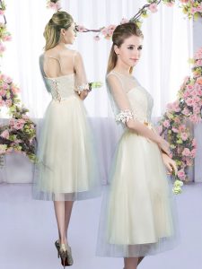 Attractive Lace and Bowknot Dama Dress for Quinceanera Champagne Lace Up Half Sleeves Tea Length