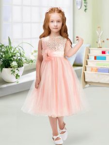  Baby Pink Zipper Flower Girl Dresses Sequins and Hand Made Flower Sleeveless Tea Length