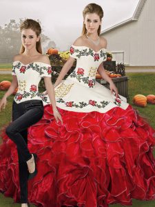 Graceful White And Red Sleeveless Organza Lace Up Sweet 16 Dresses for Military Ball and Sweet 16 and Quinceanera