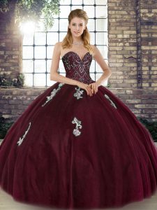 Best Selling Floor Length Burgundy Vestidos de Quinceanera Tulle Sleeveless Beading and Appliques