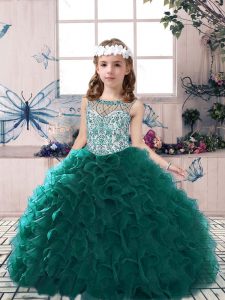 Best Scoop Sleeveless Little Girl Pageant Dress Floor Length Beading and Ruffles Peacock Green Organza