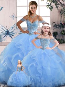 Stunning Beading and Ruffles Quinceanera Dress Blue Lace Up Sleeveless Floor Length