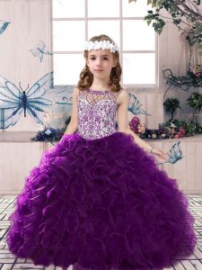  Floor Length Purple Little Girl Pageant Dress Organza Sleeveless Beading and Ruffles