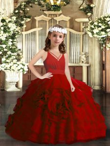 Custom Fit Floor Length Zipper Girls Pageant Dresses Red for Party and Wedding Party with Ruffled Layers