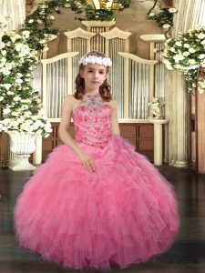 Sleeveless Floor Length Beading Lace Up Little Girl Pageant Gowns with Pink 