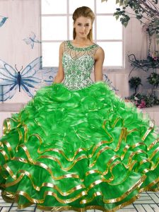 Best Green Scoop Lace Up Beading and Ruffles 15 Quinceanera Dress Sleeveless