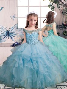 Ball Gowns Girls Pageant Dresses Light Blue Scoop Organza Sleeveless Floor Length Lace Up