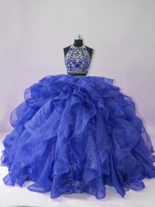  Organza Scoop Sleeveless Backless Beading and Ruffles Sweet 16 Quinceanera Dress in Royal Blue