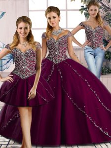 Flirting Lace Up Quinceanera Dress Purple for Sweet 16 and Quinceanera with Beading Brush Train