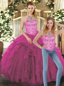  Fuchsia Tulle Lace Up Quinceanera Gown Sleeveless Floor Length Beading and Ruffles
