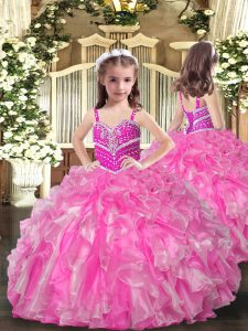 Cute Sleeveless Lace Up Floor Length Beading and Ruffles Little Girls Pageant Gowns