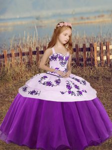 High Quality Sleeveless Organza Floor Length Lace Up Child Pageant Dress in Eggplant Purple with Embroidery