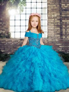 Classical Baby Blue Straps Lace Up Beading and Ruffles Girls Pageant Dresses Sleeveless