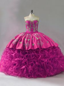 Luxury Fuchsia Sweetheart Neckline Embroidery and Ruffles 15 Quinceanera Dress Sleeveless Lace Up