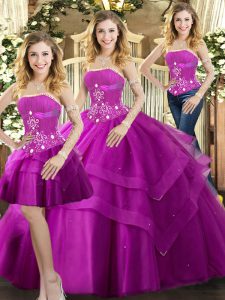Graceful Floor Length Lace Up 15 Quinceanera Dress Fuchsia for Sweet 16 and Quinceanera with Beading and Ruffled Layers