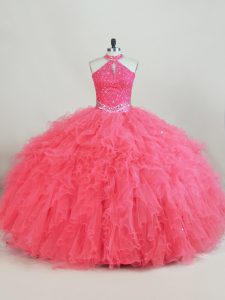 Fashionable Pink Tulle Lace Up Sweet 16 Dress Sleeveless Beading and Ruffles